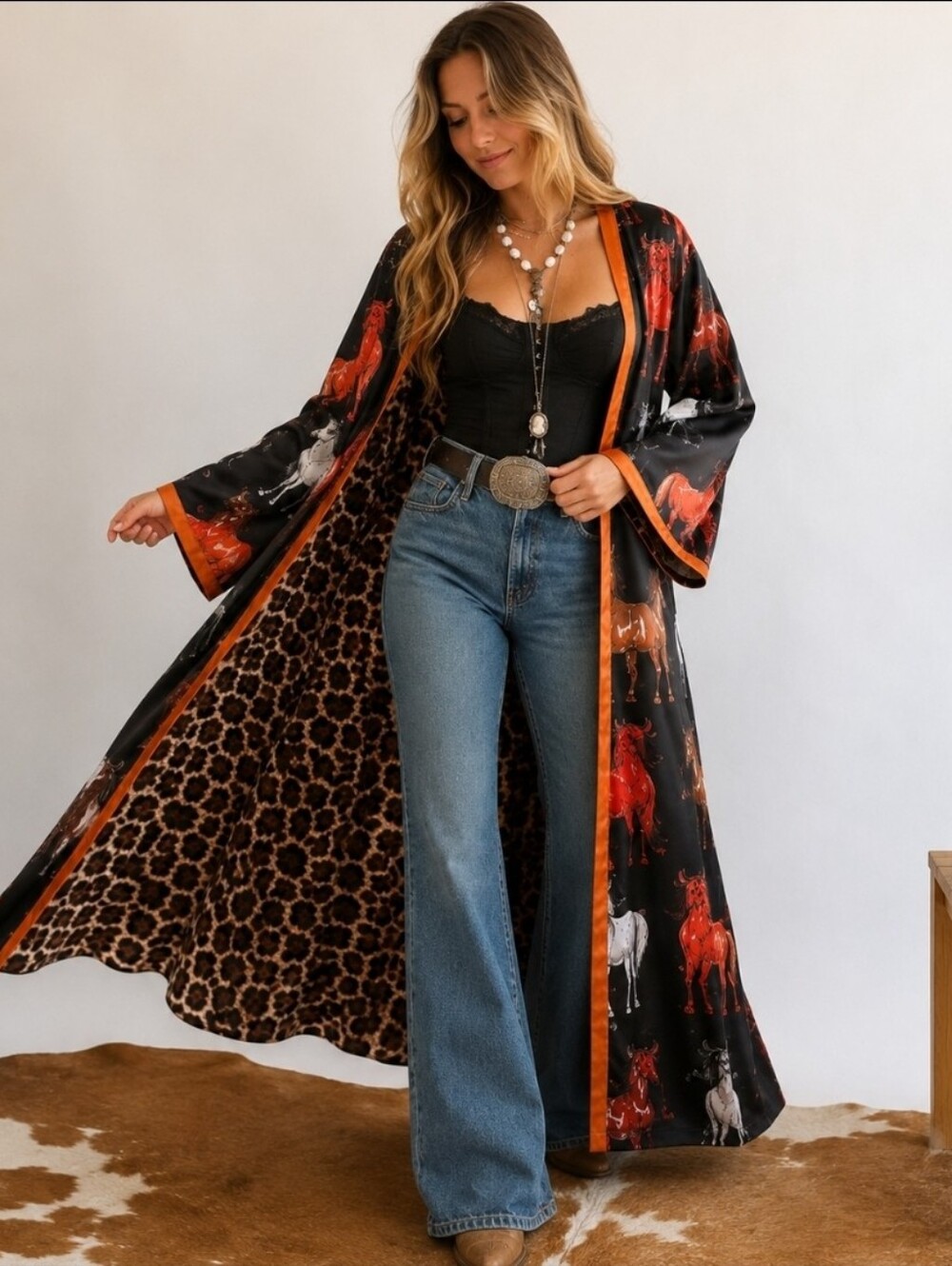 Lil Bee's Bohemian Reversible Horse Leopard Print Western Kimono L/XL NWT